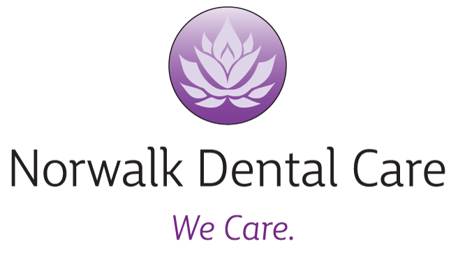 The image shows a logo with text that reads NORWALK DENTAL CARE and below it, the phrase WE CARE. The logo features a stylized lotus flower on the left side.